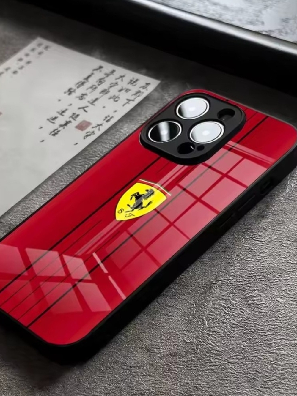 Ferrari Gloss Red I Phone 17 Pro Max Case with Yellow Prancing Horse Emblem